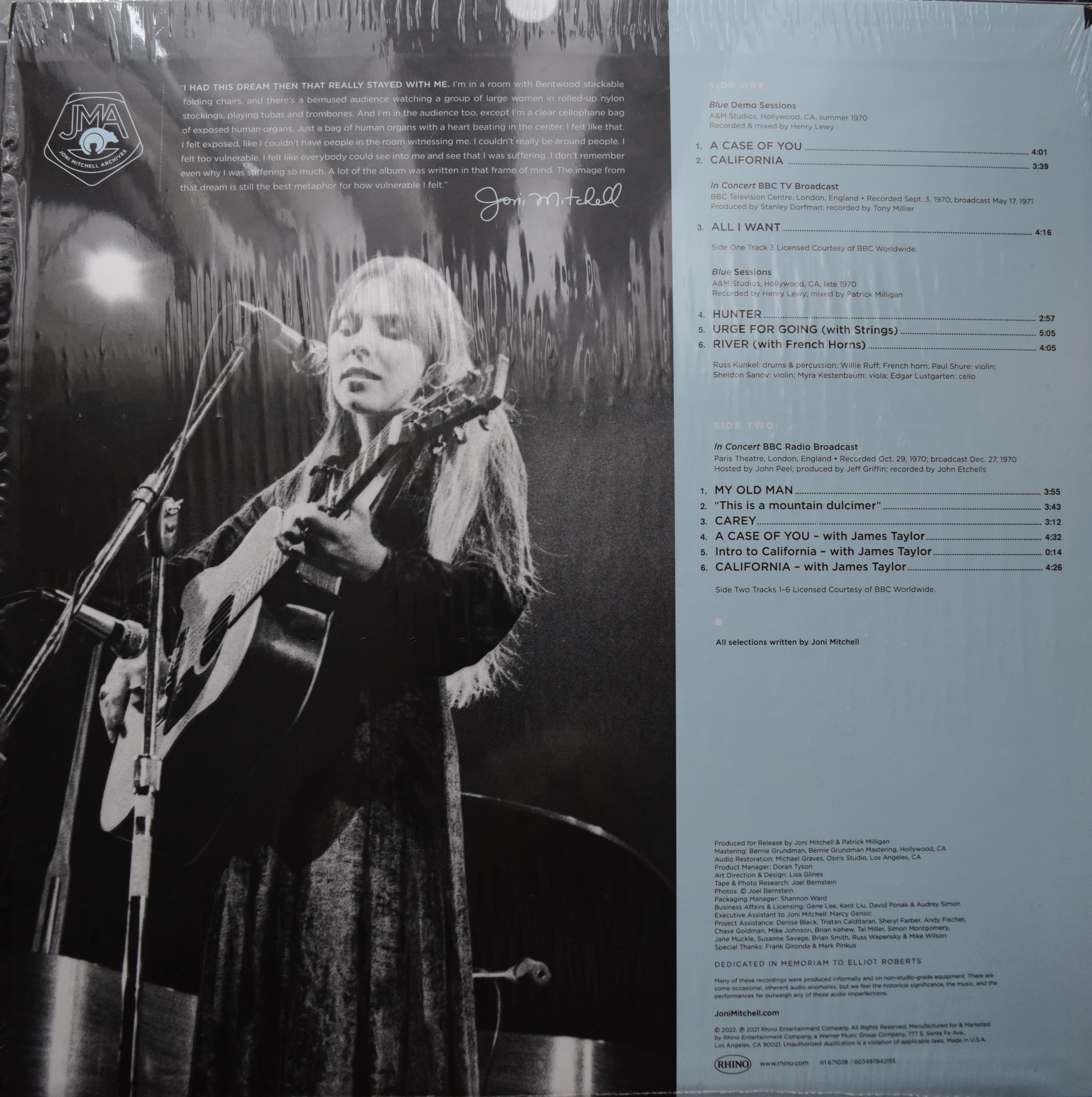 Back cover of Joni Mitchell's Blue Highlights vinyl LP, showing the track listing