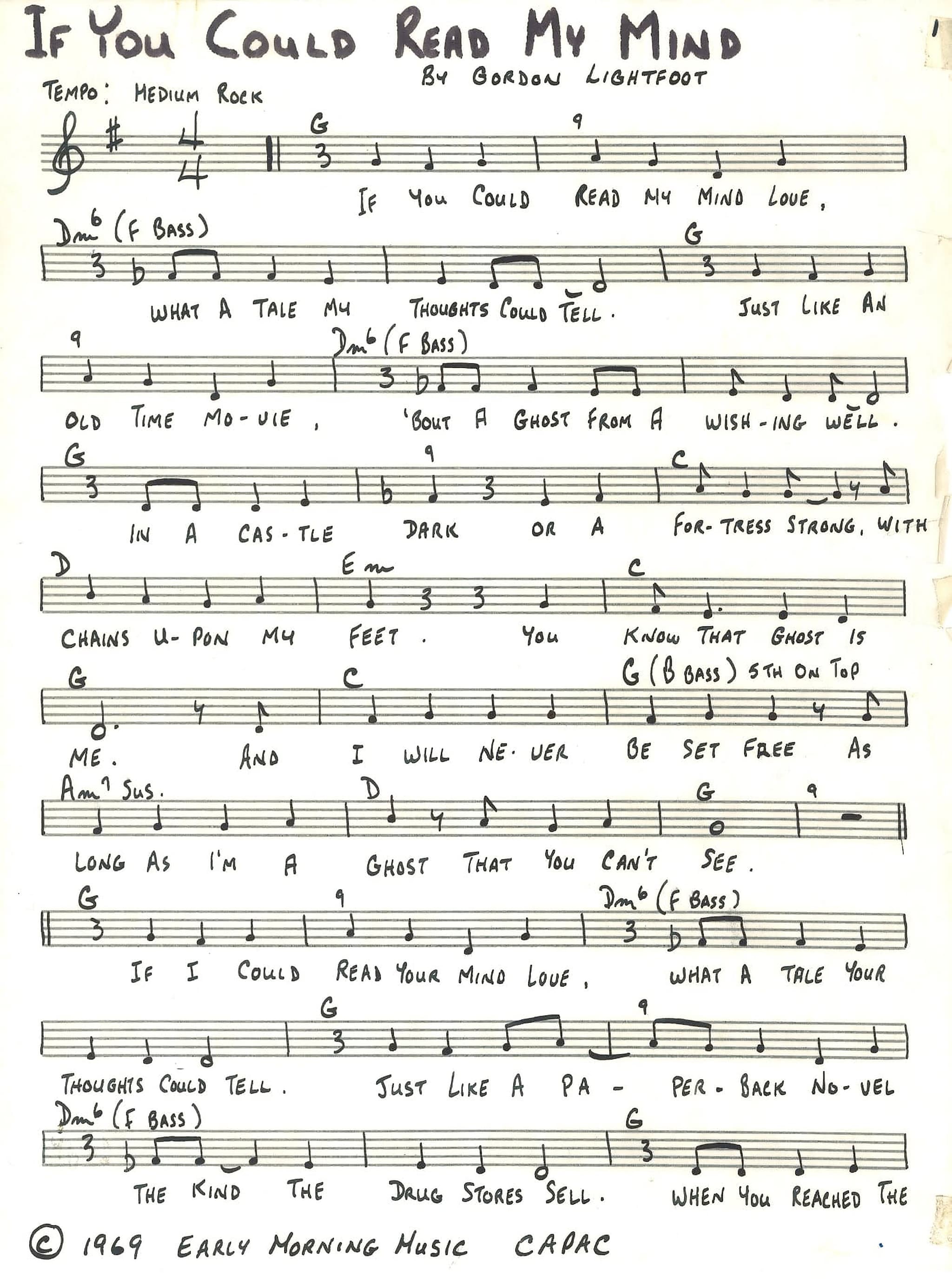 Handwritten lead sheet for “If You Could Read My Mind” by Gordon Lightfoot